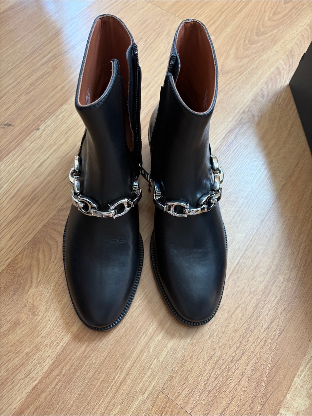 Coach Black Leather Ankle Boots with Silver Chain Detail